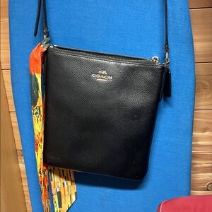 Coach Black Leather Crossbody with Vibrant Scarf